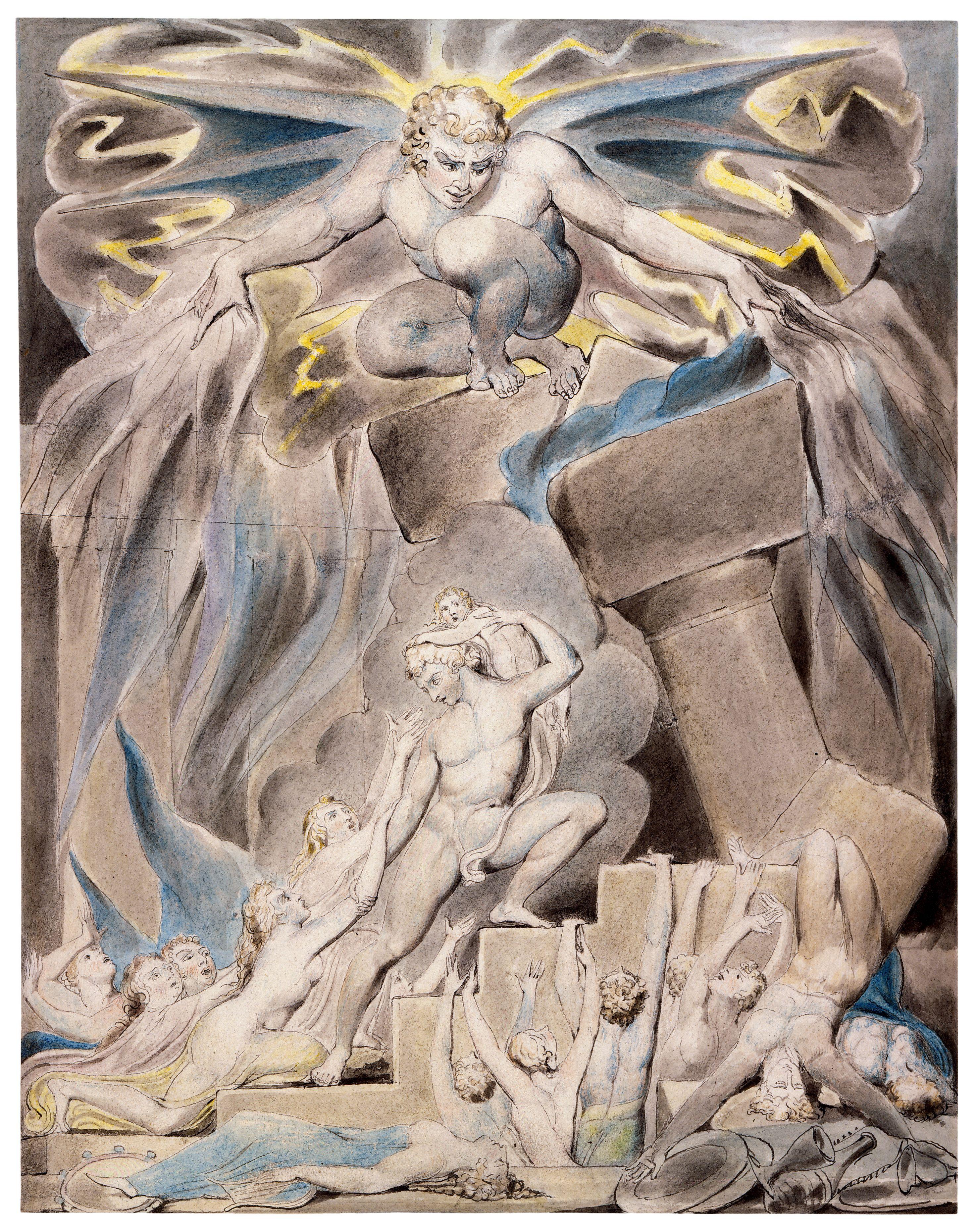 上图:英国诗人、画家威廉·布莱克(William Blake,1757-1827年)的版画《约伯的儿女被撒但击打 Job's Sons and Daughters Overwhelmed by Satan》,描绘「你的儿女正在他们长兄的家里吃饭喝酒,不料,有狂风从旷野刮来,击打房屋的四角,房屋倒塌在少年人身上,他们就都死了」(伯一18-19)。